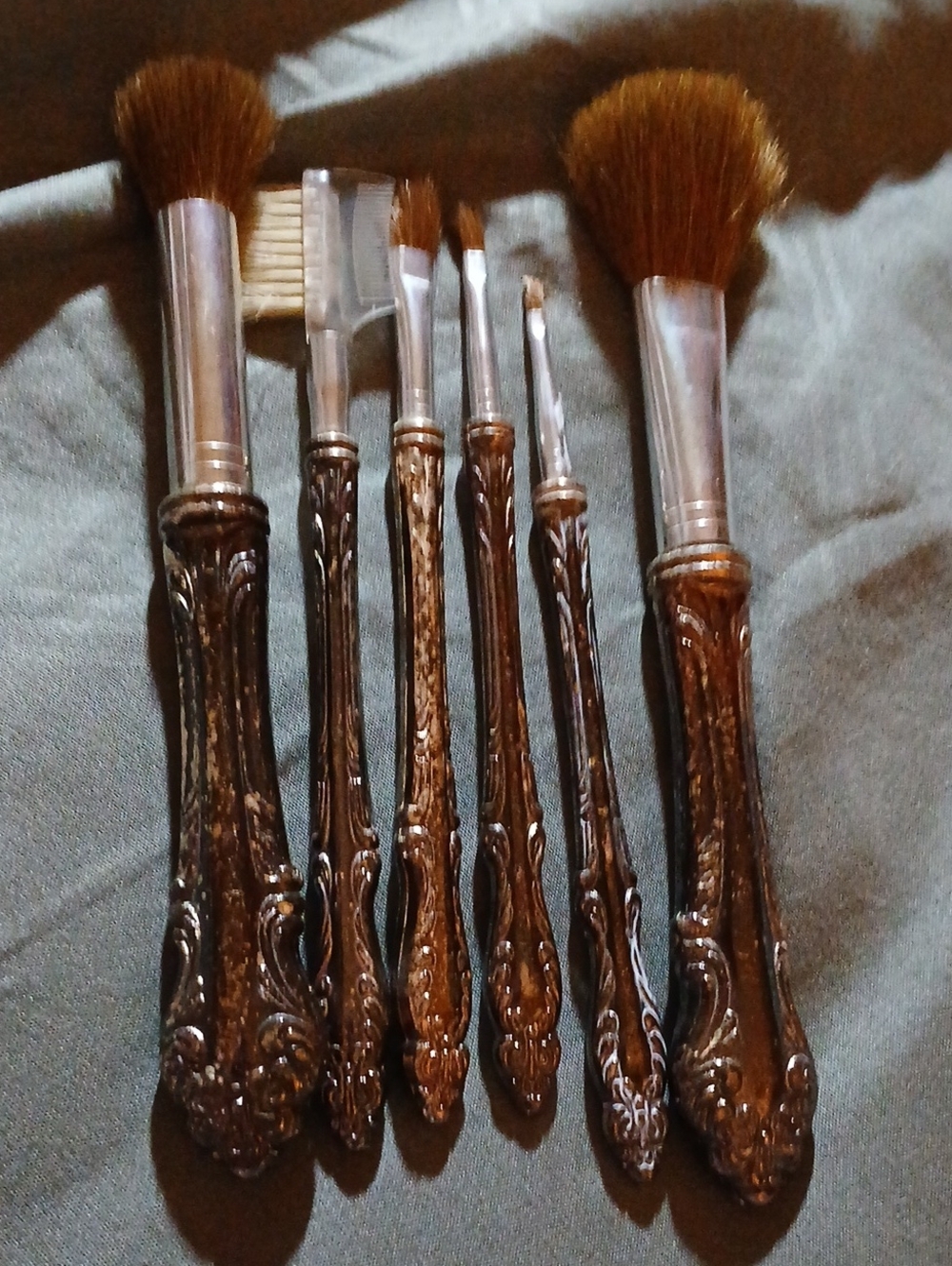 Ornate Silver Makeup Brush Set with Decorative Handles